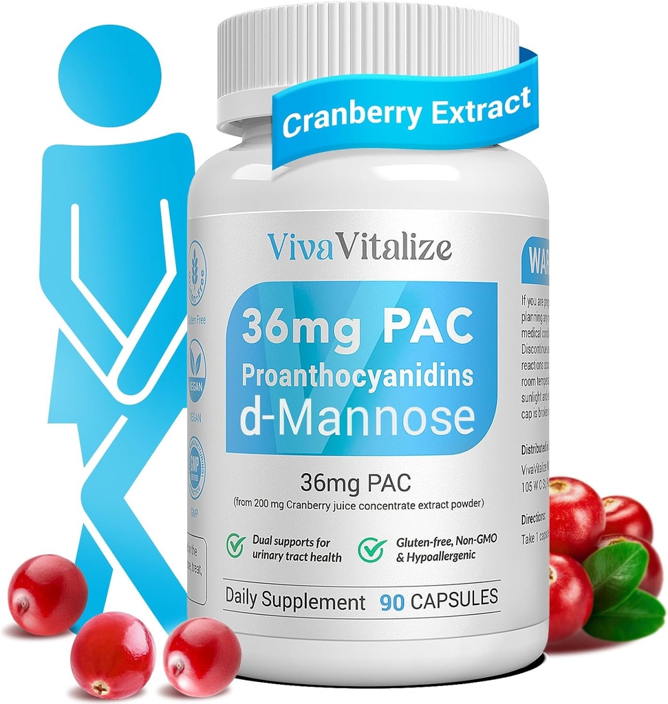5 en 1 Suplemento de arándano para mujeres, 36 mg PAC 100% Soluble D-mannose Dandelion Herb Mulberry Uva Ursi Leaf Natural Urinary Tract Health Support, Cranberry Pills UTIs Prevention 90 Caps