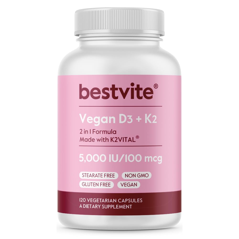 BESTVITE Vegan Vitamina D3 5000 UI + Vitamina K2 100 mcg como MK-7 (120 cápsulas vegetarianas) - No Stearates - Vegan - No GMO - Gluten Gratis