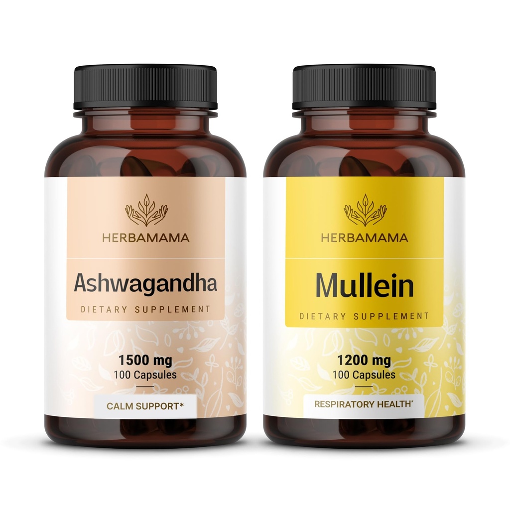 HerBAMAMA Ashwagandha y Mullein Kit - Agrupo de 1500 mg Ashwagandha Root & 1200 mg Mullein Leaf Capsules 100 Caps - Vegan, No GMO, Azúcar &amp; Sin alcohol - 2 Pack