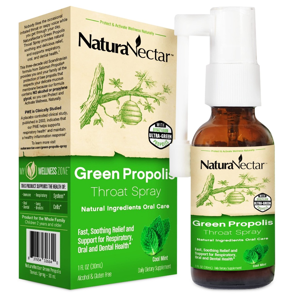 NaturaNectar - Green Propolis Throat Spray - Único, calmante Throat Care Relief with Brazilian Bee Propolis - Natural and Non-Alcoholic Throat Care Formula from Sustainable Beekeeping (1-Pack, 30mL)