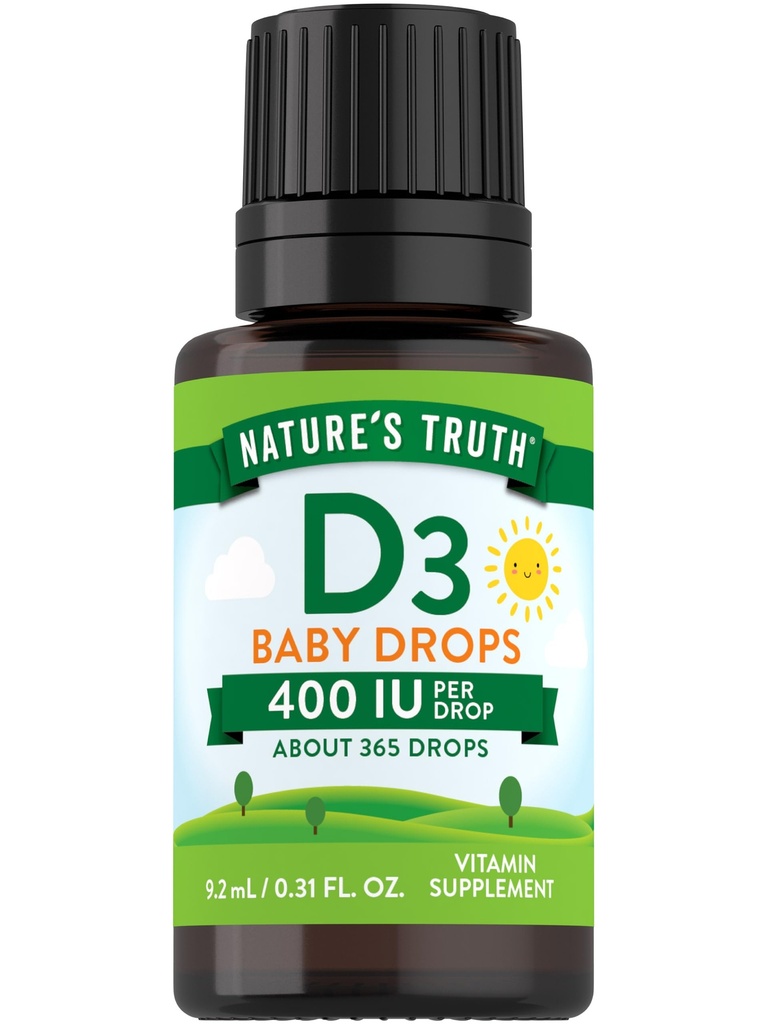Verdad de la naturaleza Las gotas de vitamina D para bebés Silencio 400 UI Silencio 9.2 mL Silencio D3 para niños Silencio Vegetariano, No GMO &amp; Gluten Suplemento gratuito