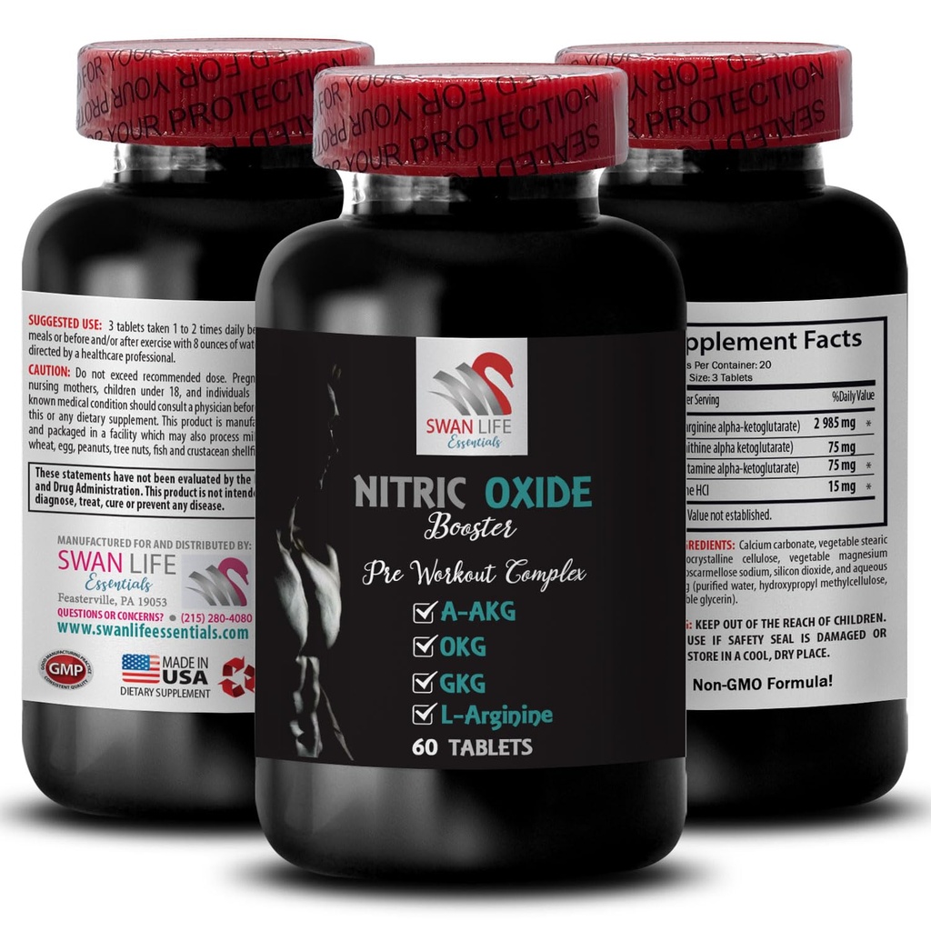 A-AKG, Nitric Oxide - Nitric Oxide Booster - Suplemento de ejercicio, Power Boost, Strength Enhancer, Endurance Mix, Aumento de resistencia, Booster de rendimiento, Fórmula de recuperación, Muscle Focus 1 Bottle 60 Tabs