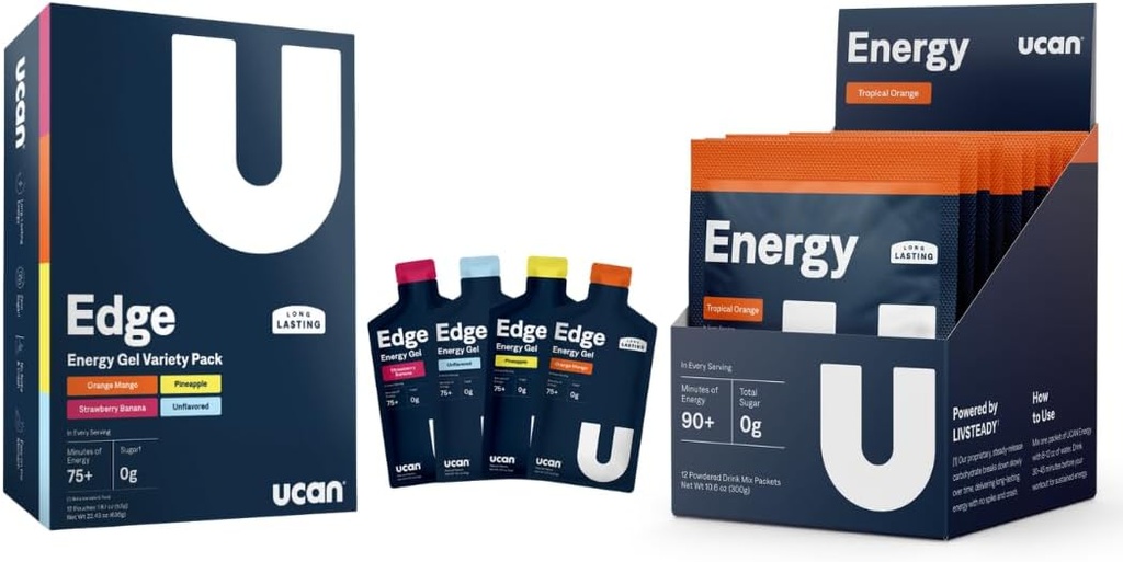 UCAN Training Starter Pack, Edge Energy Gel Variety Pack, Energy Powder Tropical Orange, Pre &amp; Post Workout para Hombres y Mujeres