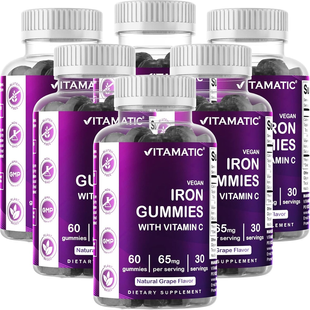 Vitamatic Iron 65 mg Gummies Suplemento para Hombres Mujer - 60 Gummies Vegan - Gran Tasting Iron Gummy Vitaminas con Vitamina C (6)