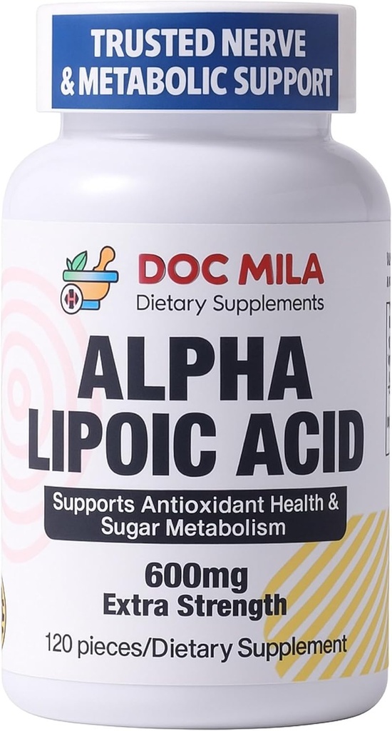 Alfa Lipoic Acid 600mg 120 Caplets - Nerve Sciatica Peripheral Neuropathy Support - Gluten Free, Vegan " Non-GMO for Adults