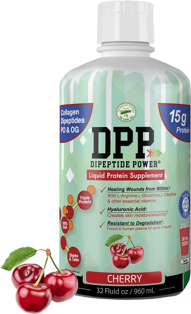 DPP Dipeptide Power, Wound-Healing, 30X Más Colagen Dipeptides Than Powder, Liquid Protein Supplement, Sugar-Free, Supports Healthy Tissue Repair, Foot Ulcers, Cosmetic Surgery (Cherry, 32 Fl Oz)