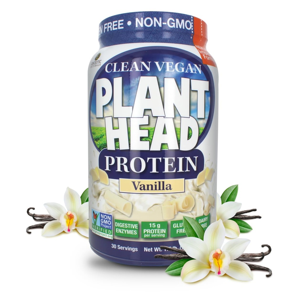 Genceutic Naturals Plant Head Protein Powder Suplemento, Vainilla, 1.7 libras (lbs)