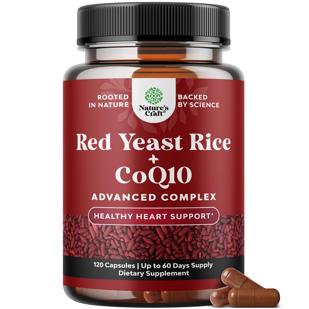 Rice de levadura roja con suplemento CoQ10 - Advanced Healthy Heart & Healthy Cholesterol Levels Formula for Men &amp; Women - Extra Strength Capsule with Red Yeast Rice 1200 mg Capsules with CoQ10-120 Count