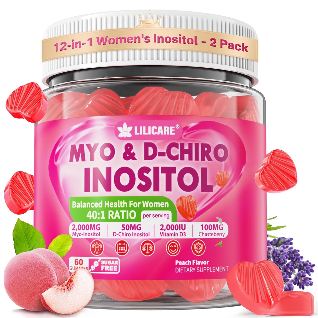 Inositol Gummies for Women + Chasteberry, Myo-Inositol & D-Chiro Inositol 2000mg + 50mg Ideal 40:1 Ratio with Methylated B12 &amp; Folate, Choline, Magnesio, Vitamina D3 para salud general, Pack de 2