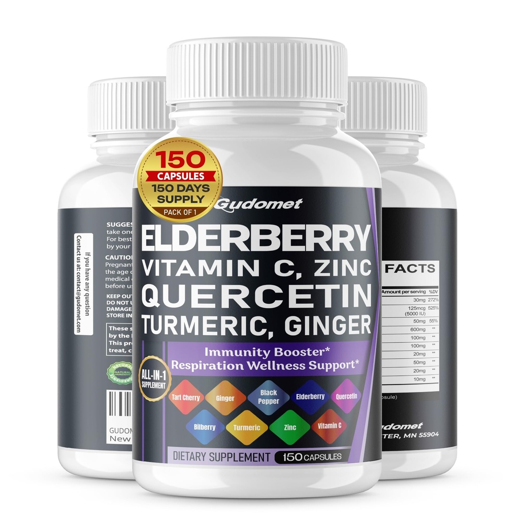 Elderberry Quercetin Bilberry Turmeric Tart Cherry Ginger Vitamina C Vitamina D3 Zinc Black Pepper -150 cápsulas- Hecho en EE.UU.