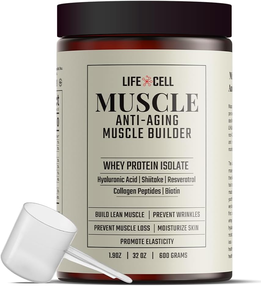 LifeCell Whey Protein – Anti-Aging Muscle Builder with Shiitake Mushroom, Collagen " Hyaluronic Acid – Unflavored, No Sugar Añadido, Soy-Free, Gluten-Free, 600g (18 Servings)
