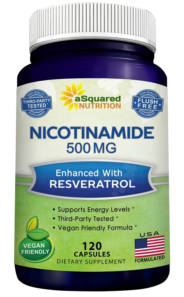 aSquared Nutrition Nicotinamide with Resveratrol - 120 Veggie Capsules - Vitamina B3 500mg (Niacinamide Flush Free) - Suplemento Pills to Support NAD, Skin Cell Health & Energy