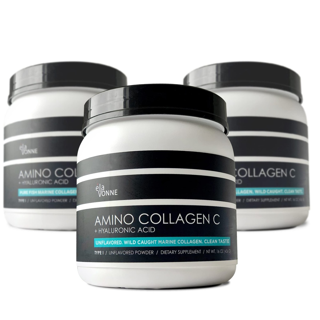 (3-Pack) Amino Collagen C - Colagen Powder (180 Scoops) - Marine Collagen Peptides + Ácido Hialurónico. No Sugar. No Odor. No GMO. EE.UU. para el cabello, la piel, las uñas, las articulaciones, " Gut Health.