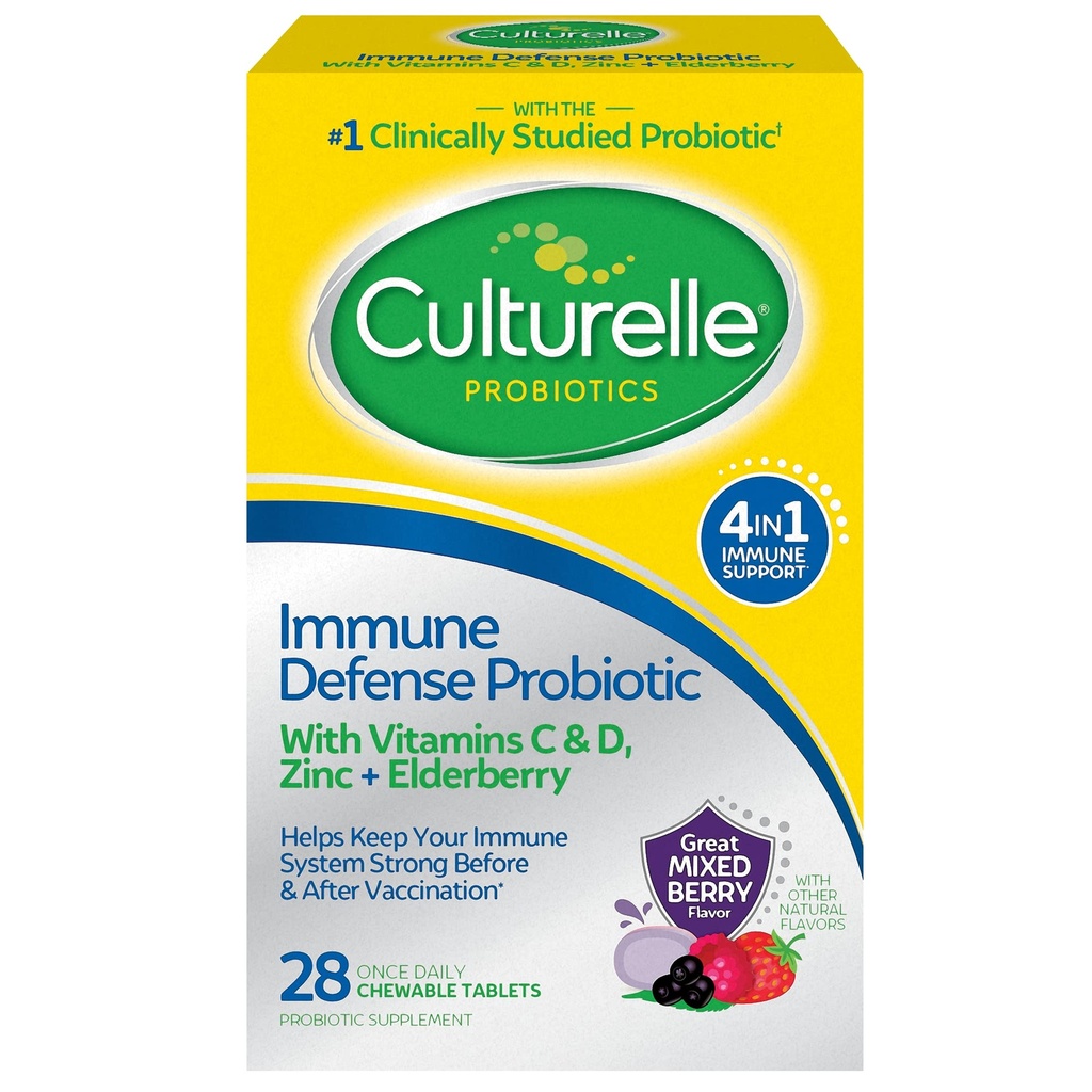 Culturelle Immune Defense Daily Probiotic for Women &amp; Men - 28 Cuenta, Mixed Berry Chewables con 4-en-1 Immune Support. Vitamina Probiótica C, Vitamina D y Zinc Plus Elderberry
