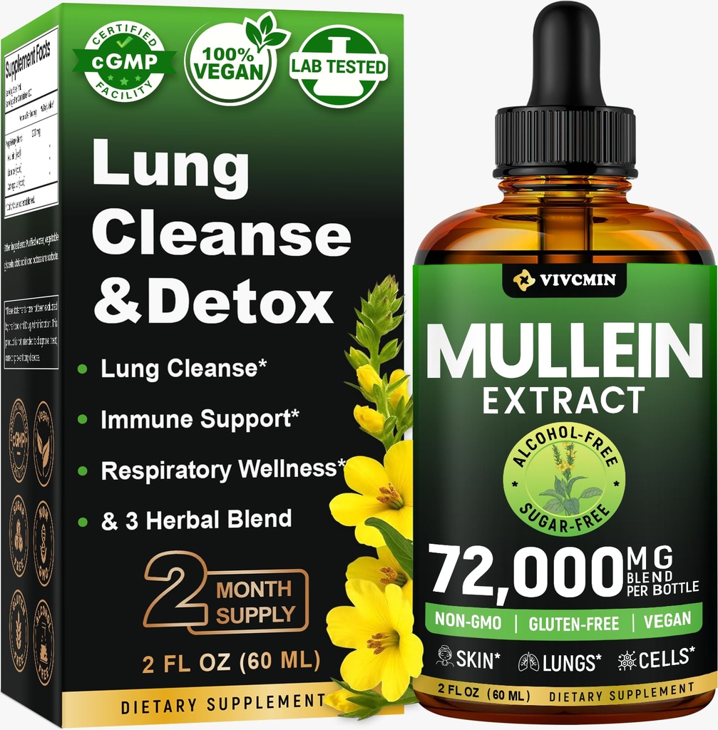Mullein Drops for Lungs, 3-in-1 Mullein Leaf Extract for Lungs Health, Herbal Respiratory Lung Health Support Supplement, Support Immune " Digestive Wellness, Sugar " Alcohol-Free - 2 FL OZ