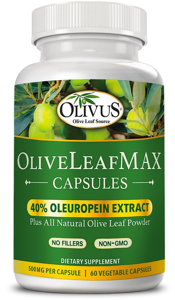 OliveLeafMAX Olive Leaf Extract (40% Oleuroepin) + Pólvora Orgánica de Oliva + No Filleres + 60 cápsulas vegetarianas + Fuente de España y Fabricado en EE.UU. en GMP Facility