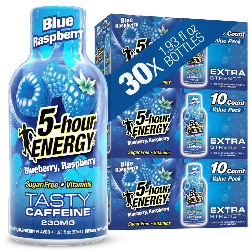5 horas ENERGÍA Shots Extra Strength, Blue Raspberry Flavor, 30 Cuenta, 1,93 Fl Oz, Sugar Gratis, Cero Calories, Aminoácidos y Vitaminas B Esenciales, Suplemento dietético, Alerta y Energizado, 230 mg Caffeine