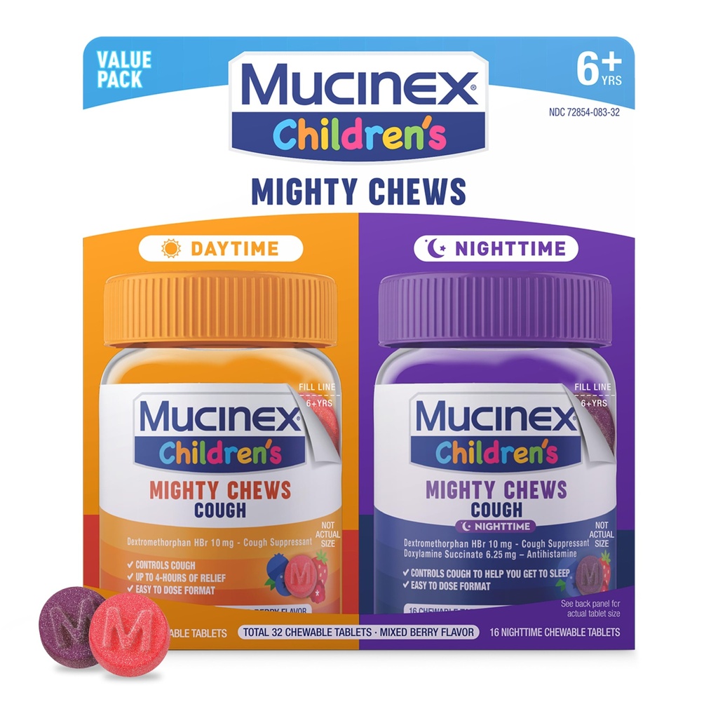 Mucinex Niños poderosos Piscinas Niños Pisto Medicina Daytime y Nighttime Value Pack, Easy to Dose Cough Suppressant for Kids with Dextromethorphan, Mixed Berry Flavor, 32 Medicated Chewable Tablets