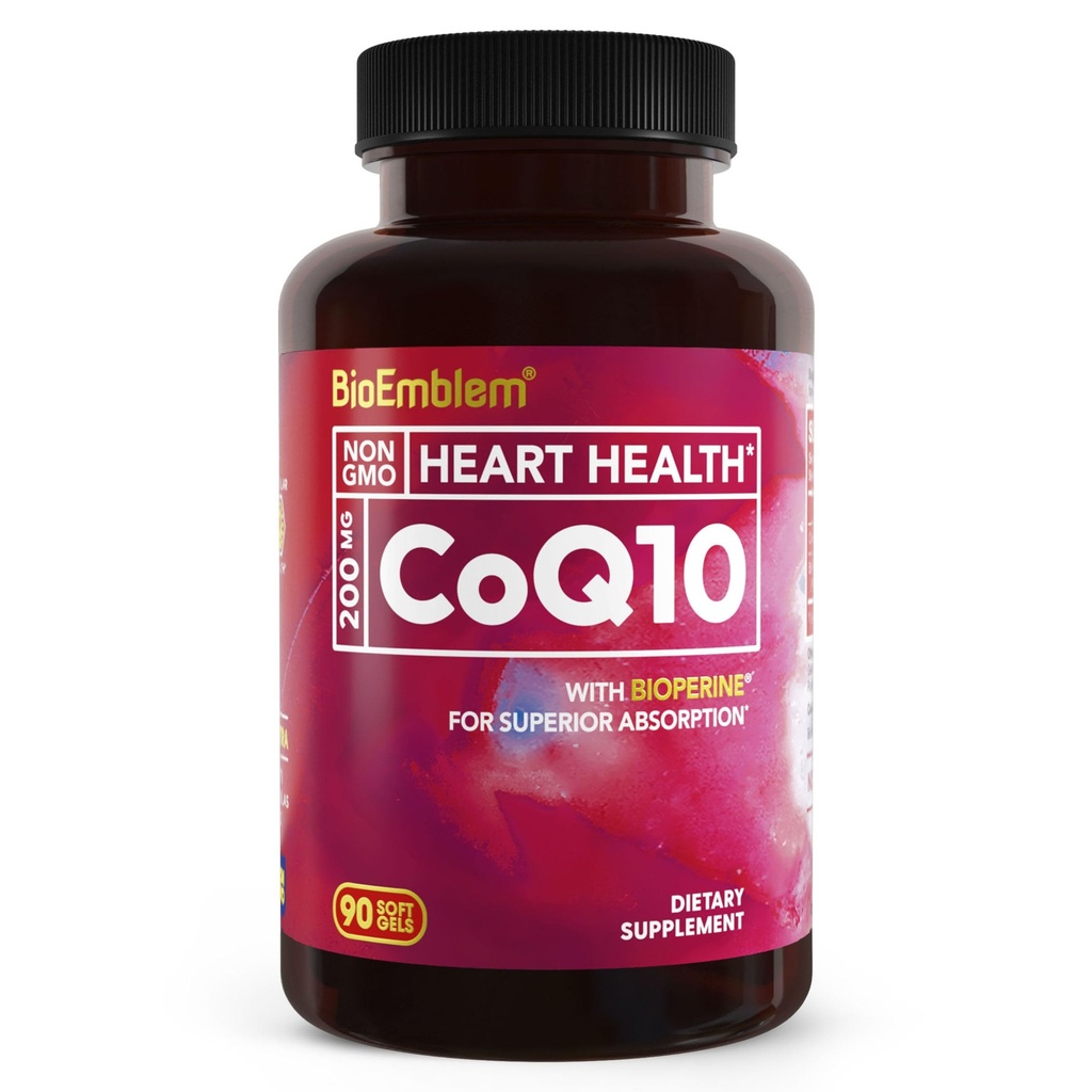 BioEmblem CoQ10 con BioPerine - 200 mg Softgels, alta absorción - Coenzima Q10 Antioxidante para la producción de energía, salud cardíaca - forma natural, no GMO CoQ10 Suplemento - 90 Conde