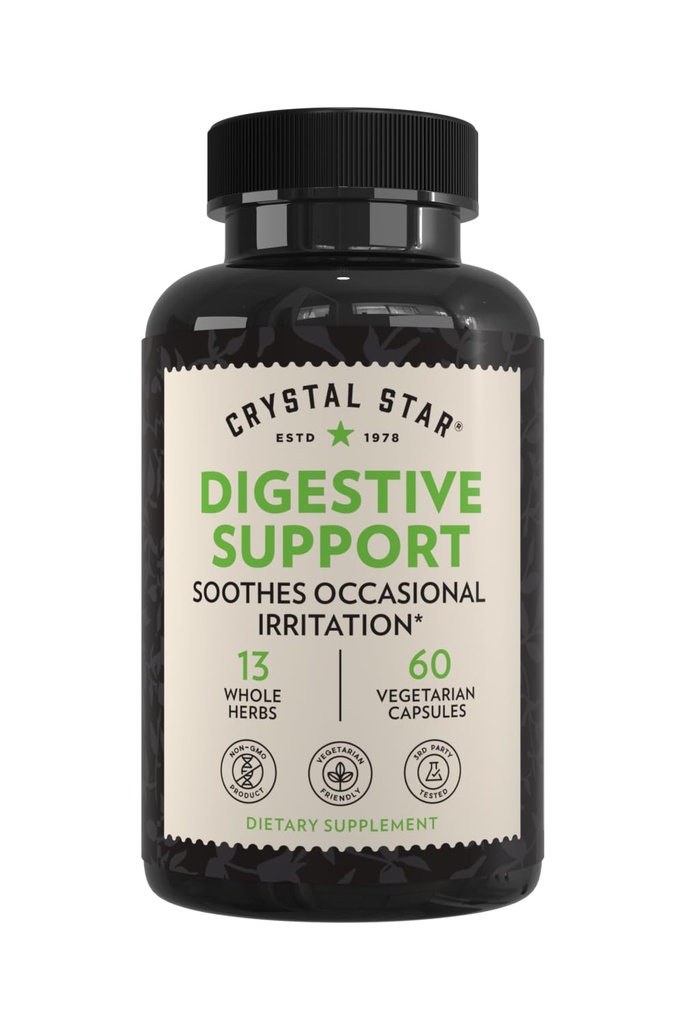 Suplemento de Apoyo Digestivo de Estrella de Cristal (60 cápsulas) - Suplemento Herbal Gut Health que ayuda con gas ocasional &amp; Bloating - Peppermint, Aloe Vera, Slippery Elm & Ginger – Non-GMO
