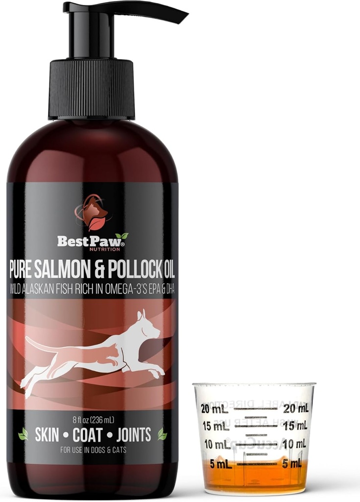 Puro salmón salvaje de Alaska &amp; Pollock Aceite para perros &amp; gatos Skin and Coat - Fish Oil Liquid with Pump - Supports Joint Function & Heart Health - Omega 3 Liquid Food Supplement - All Natural EPA + DHA - 8oz
