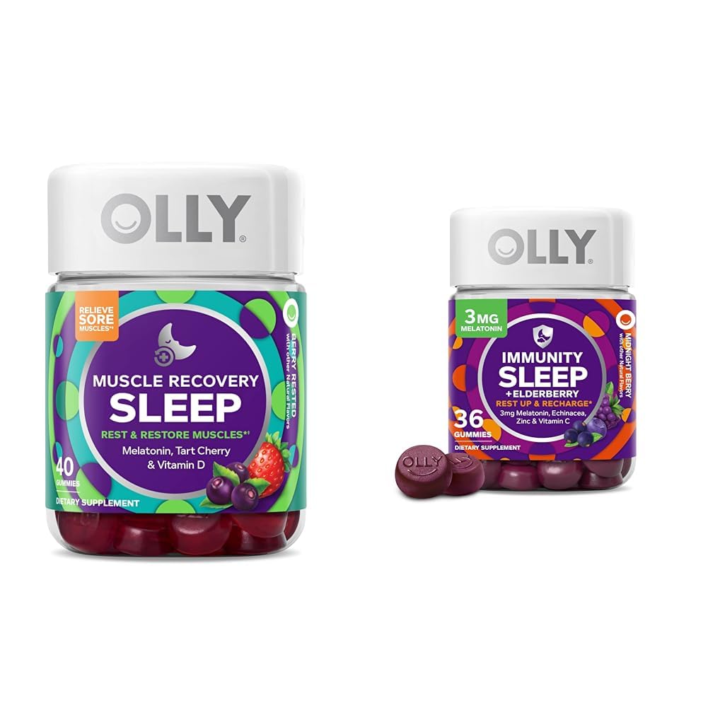 OLLY Muscle Recovery Sleep Gummies, 40 Cuenta Immunity Sleep Melatonin Gummy, 36 Conde Bundle