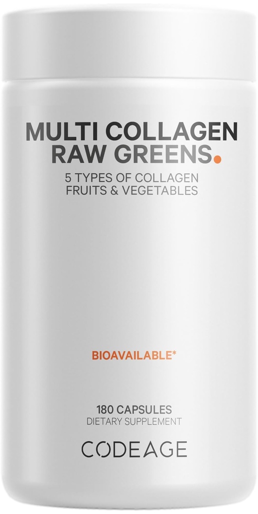 Codeage Multi Collagen Protein + Ecologic Raw Greens Superfood Capsules Suplemento, 21 Fruits & Veggies, Grass-Fed Hydrolyzed Collagen Peptides, 5 Tipos All-in-One, 180 Cuenta