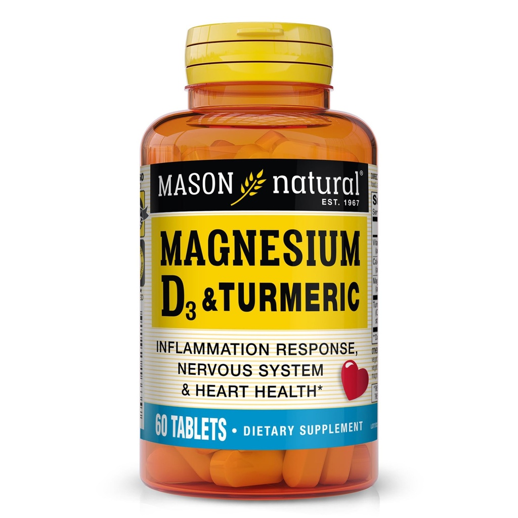 MASON NATURAL Magnesio &amp; Vitamina D3 con Turmérico, 60 Day Supply Suplemento dietético con 500 mg Magnesio, 3000 IU Vitamina D3, y 150 mg Turmérico