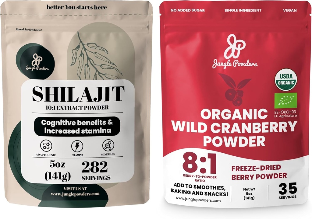 Polvos Jungle Ultimate Vitality Bundle: 5oz Polvo Shilajit & 5oz Polvo de arándano orgánico - Energía, Apoyo Inmunitario, Extractos Superalimentarios para el Baking, Smoothies, USDA Certified