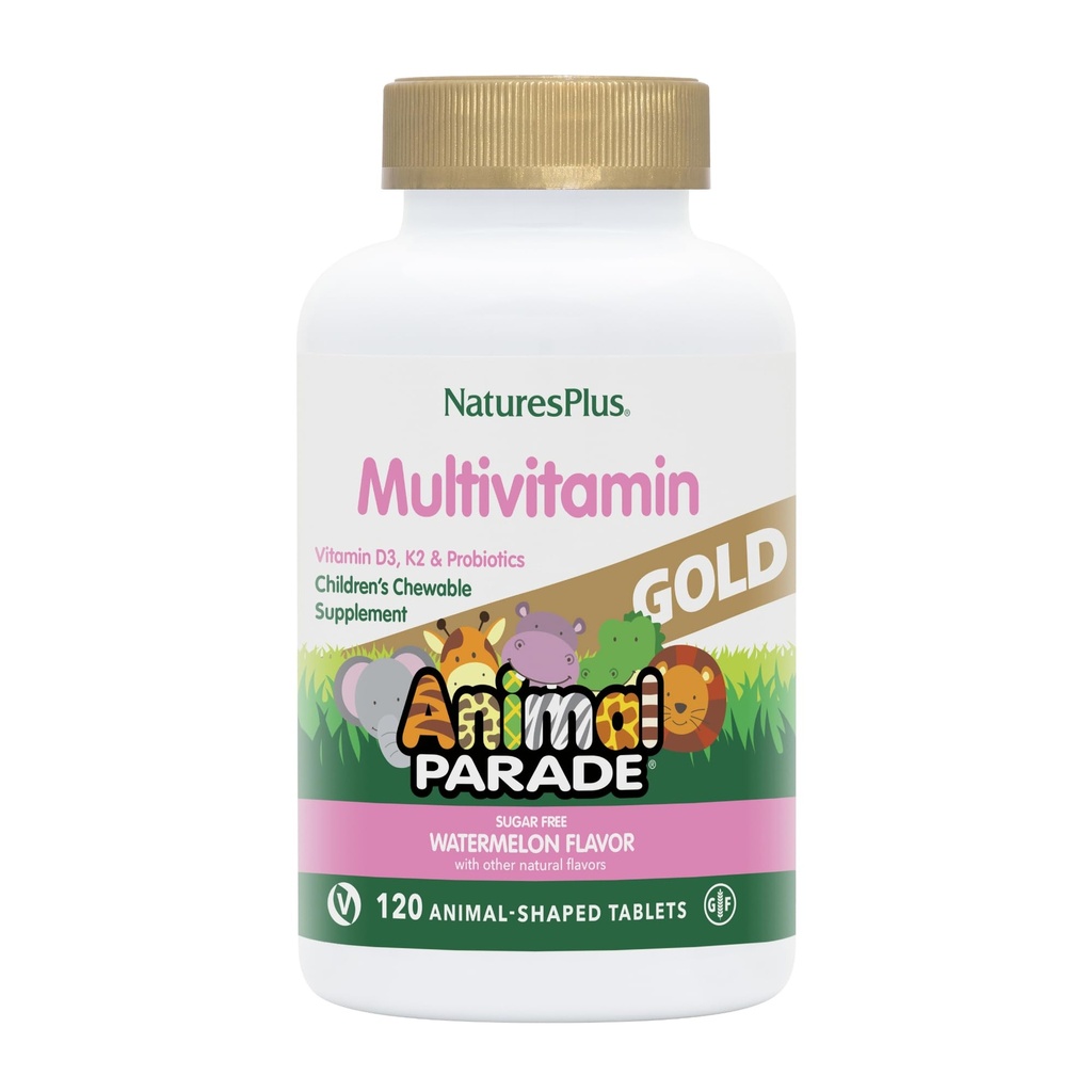 Natures Plus Animal Parade Gold Multivitamin Children’s Chewables - Watermelon Flavor - 120 Animal-Shaped Tablets - Vitamina D3, K2 &amp; Probiotics - Vegan, Gluten Gratis - 60 Total Servings