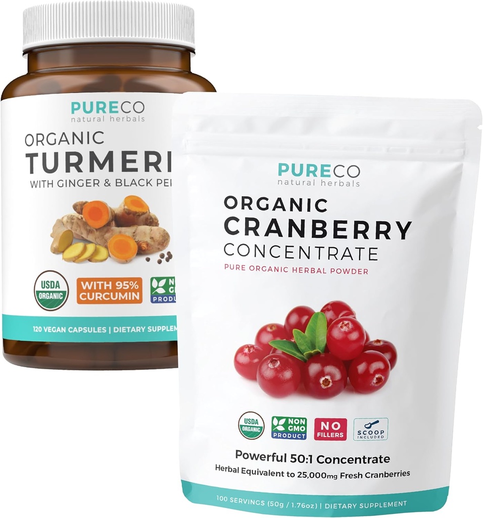 Turmeric " Cranberry Powder (3-Month Supply) Berry Turmeric Blend Bundle of Organic Turmeric Curcumin with Black Pepper " Ginger (120 Caps) " Organic Cranberry Concentrate Powder Extract (100 Scoop)