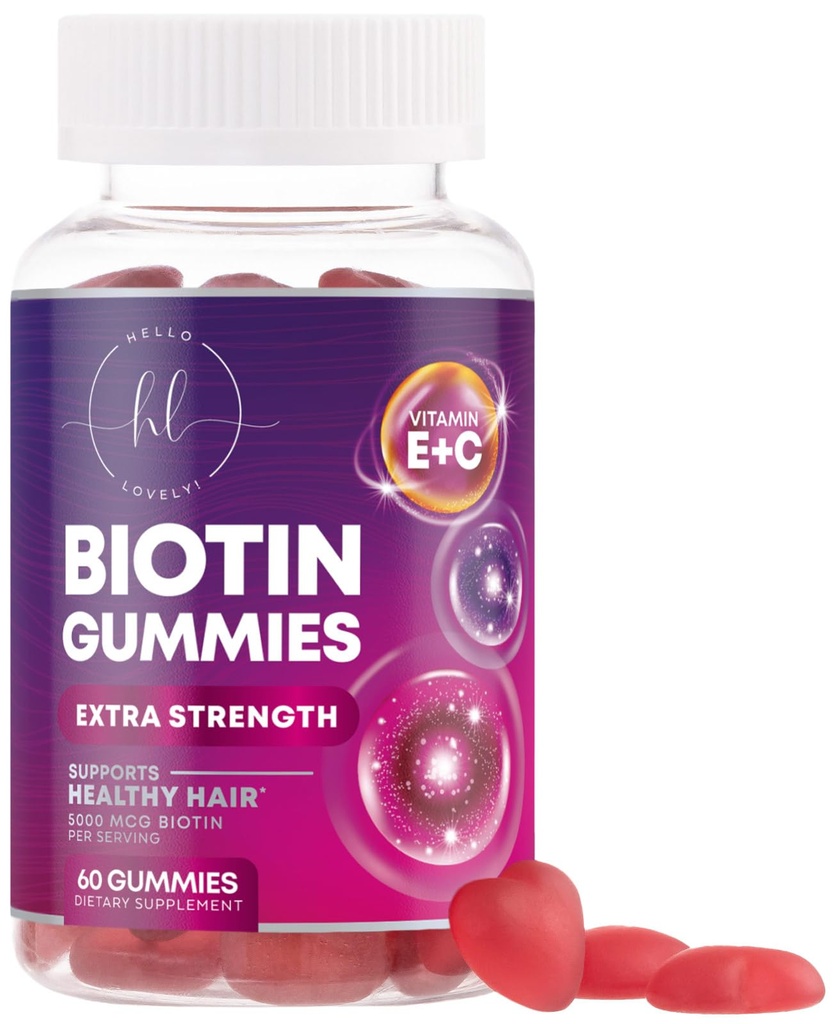 Vitaminas para el cabello Gummy con Biotina 5000 mcg - Crecimiento del cabello Apoyo con vitaminas E &amp; C para elgador, más fuerte &amp; hermoso pelo - Esquí de pelo y uñas Vitamina para Mujeres, No GMO, Gluten Gratis - 60 Gummies