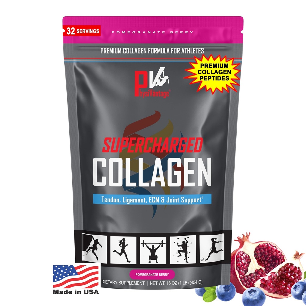 PhysiVantage Supercharged Collagen Peptides Powder - Hydrolyzed Collagen for Joint, Tendon, Ligament, " Skin Health Support - Pomegranate, Keto, Paleo, 16oz Silencio Enhanced with Vitamin C, BCAAs, Grass-Fed