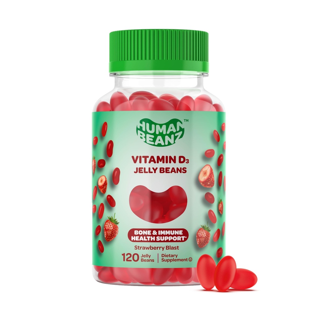 Human Beanz Vitamin D3 Jelly Bean Gummies for Adults, Immunity Support, 2000 IU Vitamin D, Nutritional Vegetarian Supplements, 120 Strawberry Blast Jelly Beans, Kosher