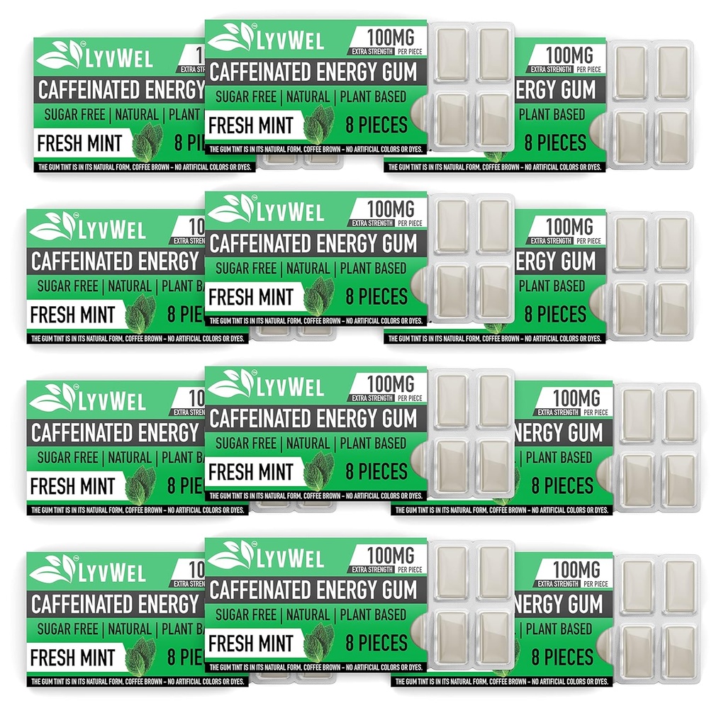 LyvWel Energy Gum TENIDO 100mg Caffeine per gem TEN TODO Natural TENIDO Sugar-Free Pre-Workout Boost: Your Essential Energy Supplement to Stay Awake- Carton 12 pack (Mint- 12 pack)