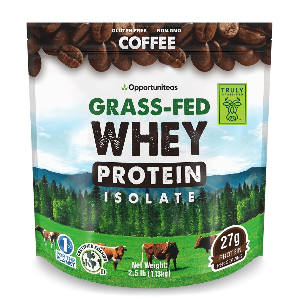 Opportuniteas Grass Café Whey Protein Isolate Powder - 27g Protein Powder Sin Sweeteners artificiales, Vacas sin hormonas, No GMO - 2.5lb
