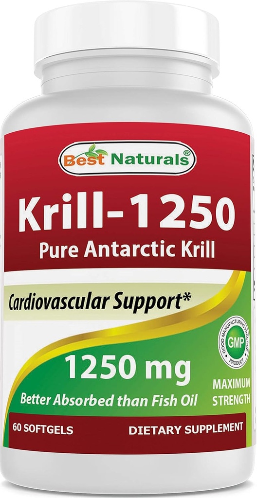 Best Naturals Puro Aceite de Krill Antártico 1250 mg (Triple Strength) con Omega-3 EPA, DHA y Astaxanthin 60 Softgels