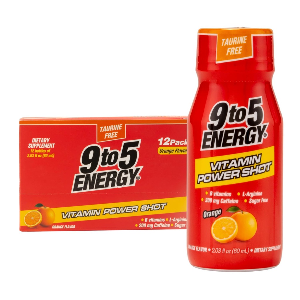 Vitamina Power Shot - Orange Flavor, Taurine-Free, Sugar-Free, 12 Pack (2.03 fl oz Cada uno) - Boost Energy, Focus, and Vitality with B Vitamins and L-Arginine