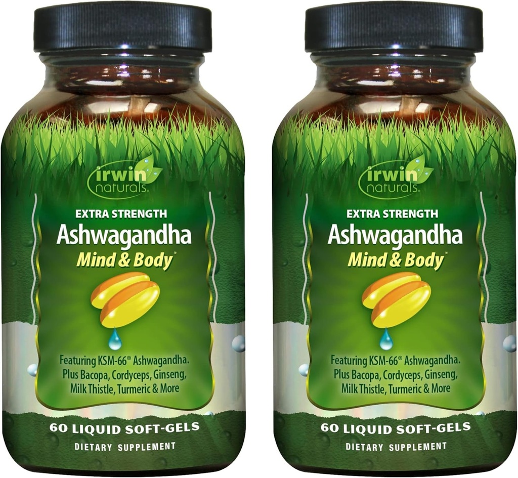 Irwin Naturals Extra Strength Ashwagandha - 60 Líquidos Soft-Gels - Ayuda a aumentar el rendimiento físico y mental - con el cardo de la leche Tumeric - 60 Servimientos