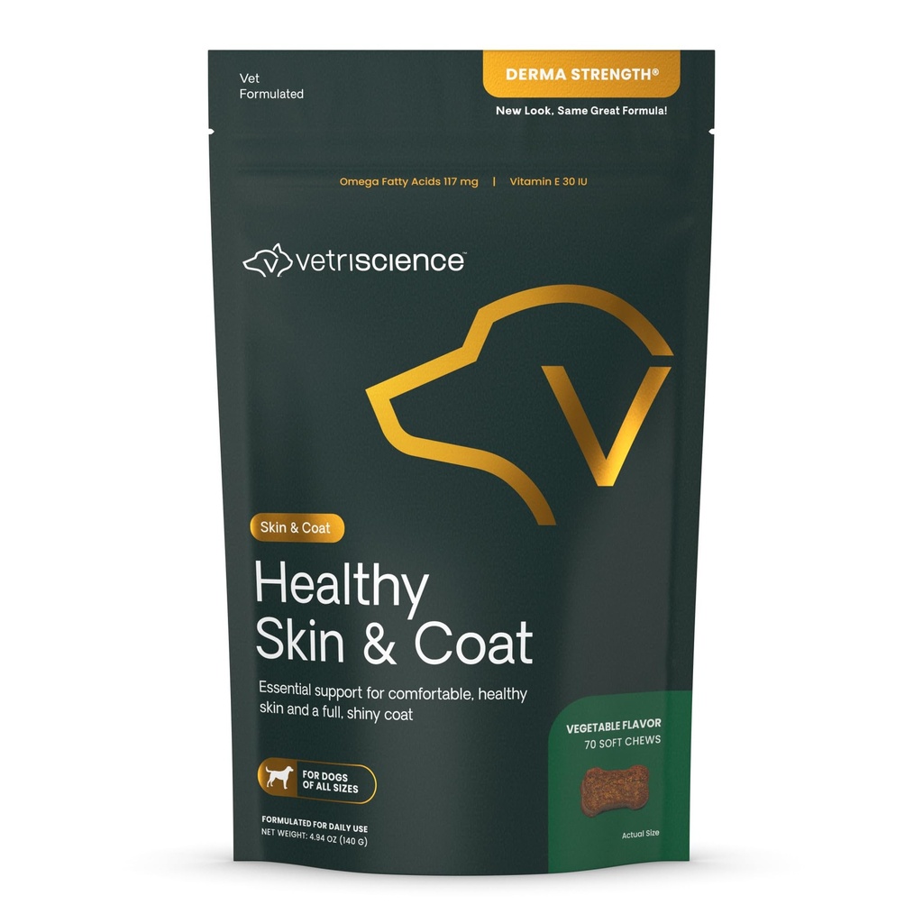VetriScience Healthy Skin & Coat Chews, Derma Strength Omega-3 Suplemento de aceite de salmón para perros, Piel de Omega y Coat Chews, Skin Health, Coat Growth, Fish Oil and Vitamin E, Veggie, 70 Cuenta