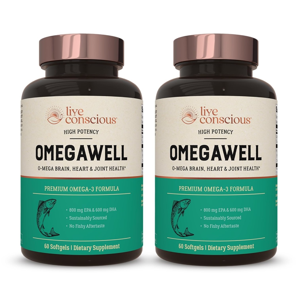 Live Conscious OmegaWell Fish Oil: Heart, Brain, and Joint Support ← 800 mg EPA 600 mg DHA - Enteric-Coated, Sustainably Sourced - Easy to Swallow 120 Count (2-Pack)
