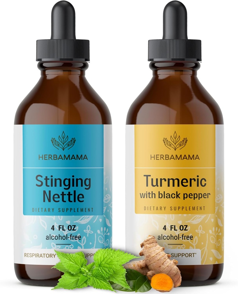 HerbAMAMA Herbal Liquid Drops Kit - Bundle of Stinging Nettle & Turmeric Curcumin Tincture 4 fl oz - Vegan, Non-GMO, Sugar &amp; Alcohol-Free - 2 Pack