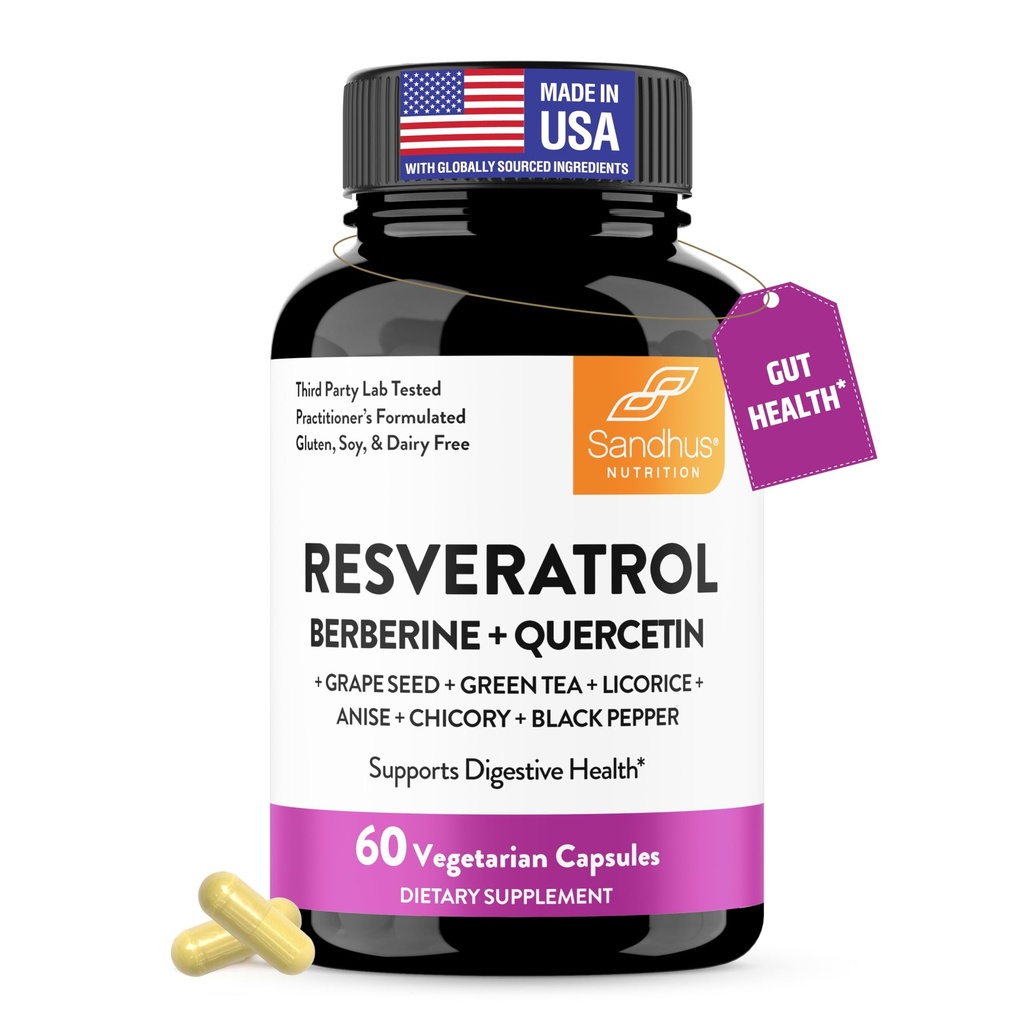 Sandhu's Resveratrol with Berberine for Gut Health ← Suplemento Digestivo para Mujeres &amp; Hombres Silencio Green Tea, Star Anise, DGL, Grape Seed Extract " Quercetin TEN Eases Bloating TEN 60 Capsules (Pack of 1)