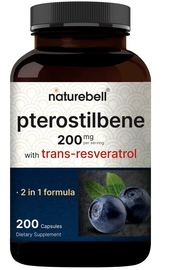 Pterostilbeno con 98% Trans-Resveratrol, 200mg Por Serving, 200 Capsules Ø Naturalmente Fuentedo de Blueberries Wild – Suplemento Antioxidante para Apoyo al Envejecimiento Saludable – Non-GMO