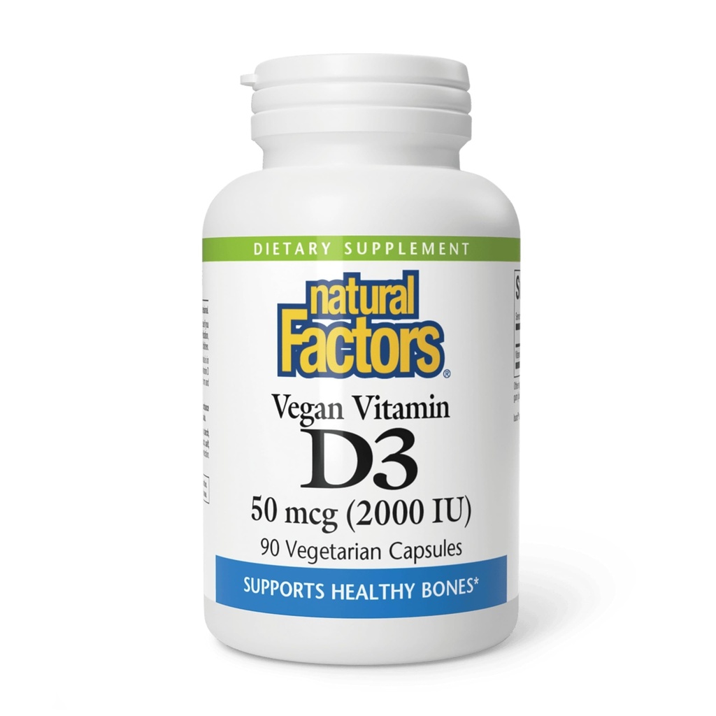 Factores naturales Vitamina Vegana D3 2000 UI - Asistencia Bone & Immune Health - Cholecalciferol de base vegetal - cápsulas vegetarianas - 90 cápsulas (90 piezas)
