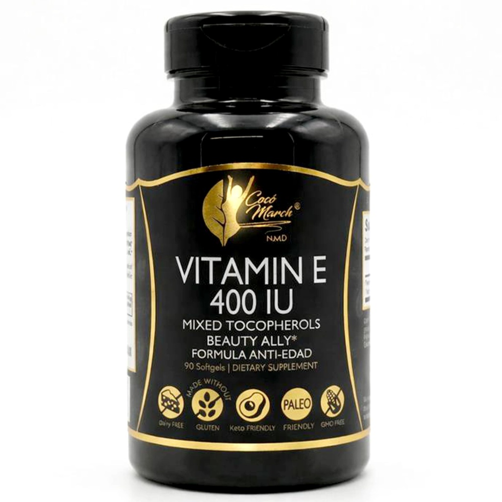 Cocó Marzo N.M.D Vitamina Natural E 400 IU-Mixed Tocopherols, Beauty Ally, 3 Mes de Suministro - Gluten Gratis, Paleo Friendly, Dairy Free, Keto Friendly, GMO Gratis, 100 Softgels
