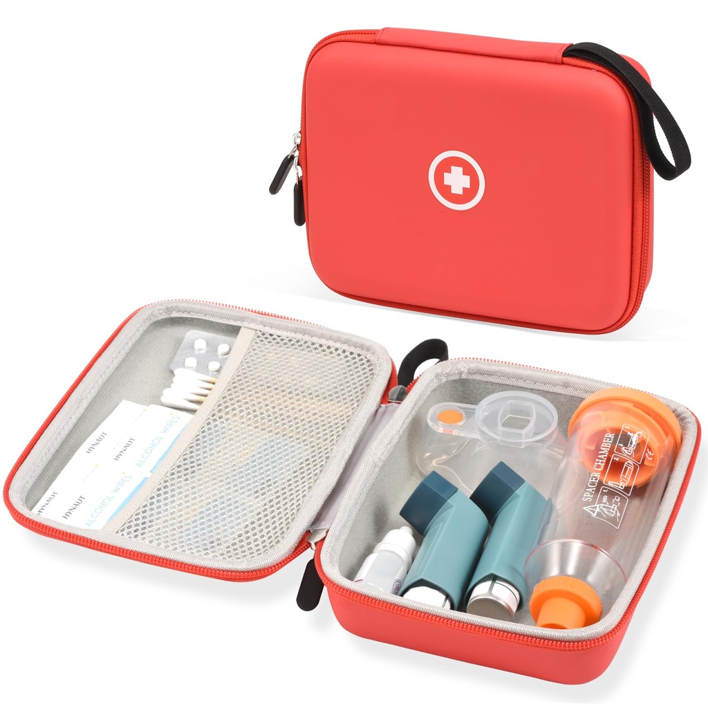 Caso de viaje duro Fukumi para inhalador de asma, inhalador caso espaciador para niños y adultos, máscaras, accesorios de asma Caso con bolsillo de malla para la medicina y otros accesorios, rojo (sólo caja)