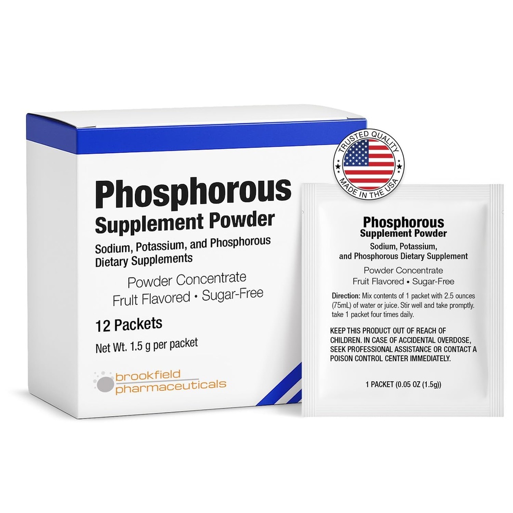 Suplementos de fósforo 12 Packets, Suplementos dietéticos Polvo con fosfato de sodio y fosfato de potasio, suplemento fósforo saboreado de frutas Polvo para electrolito, salud ósea y salud renal