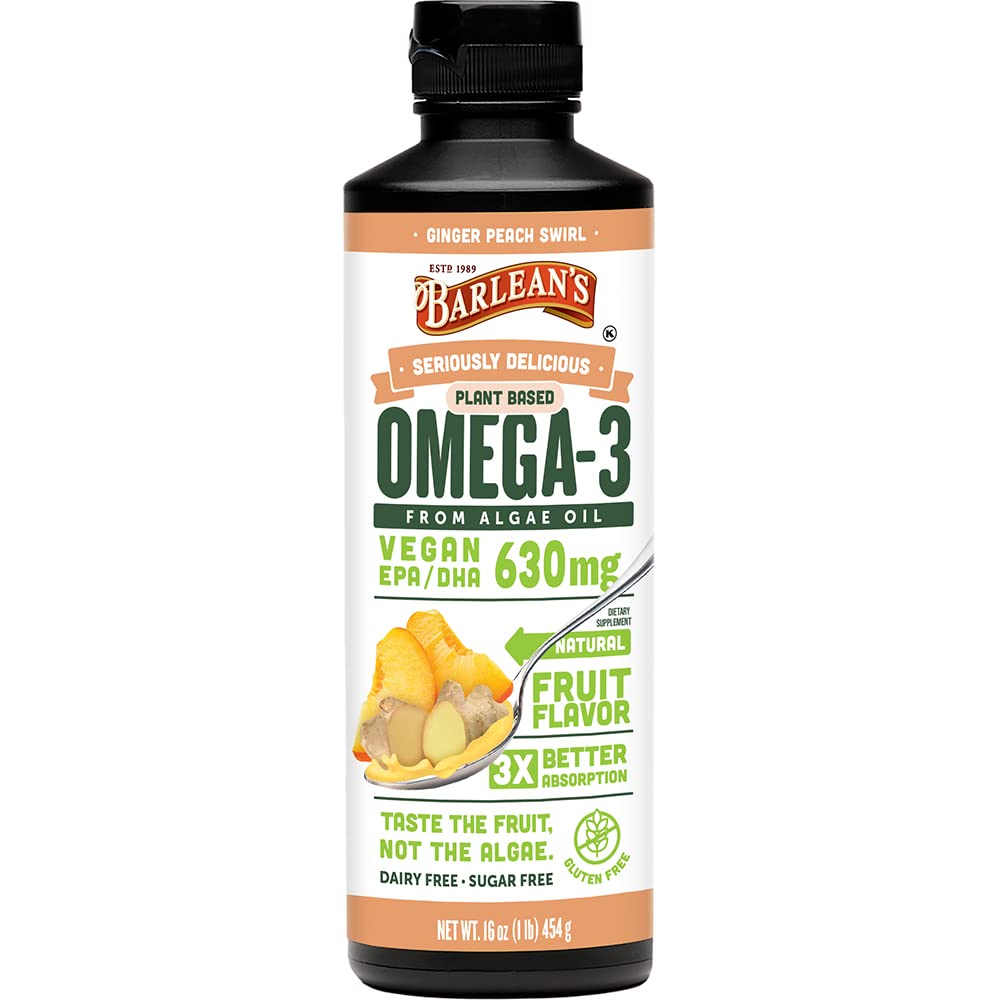 Barlean's Ginger Peach Vegan Omega 3 Suplemento, Liquid Algae Oil con 630 mg EPA & DHA, Plant Based Omegas from Algal Oil, Non-GMO & Gluten Free, 16 oz