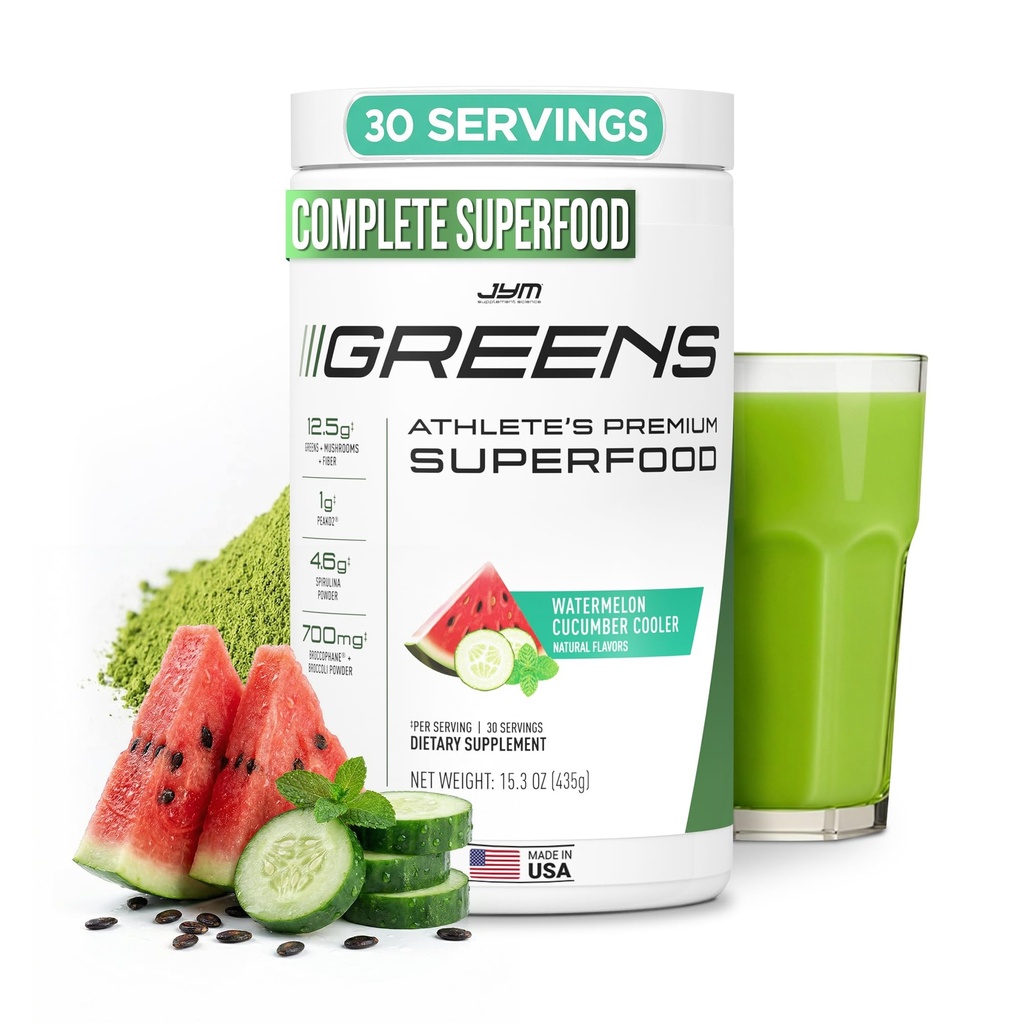 JYM Greens Super Food Powder for Performance, Watermelon Cucumber, Spirulina, Mushrooms, Vitaminas, BroccoPhane & Broccoli, Men &amp; Women, 30 Servings
